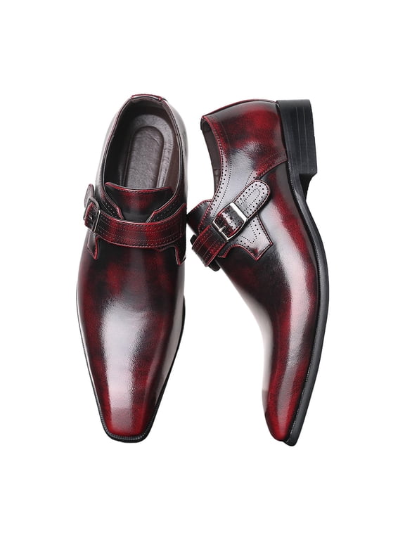 Men Single Monk Strap Formal Oxford Square Toe Breathable Faux Leather Soft Sole Office Flats For Work, Red