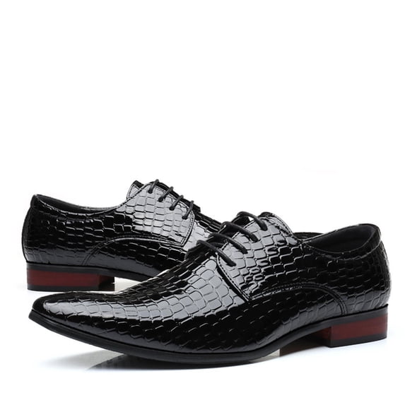 Gpaecead Men Embossed Casual Business Dress Shoes Pointed Toe Lace Up Comfortable Soft Sole Breathable Faux Leather Office Flats For Work, Black