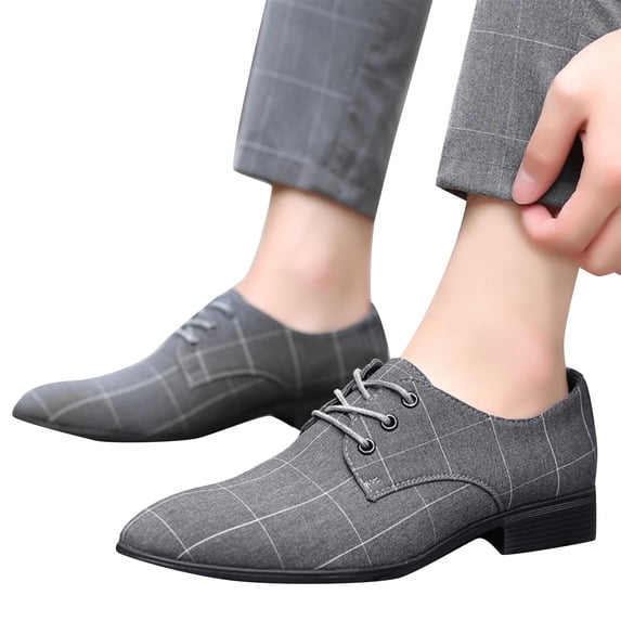 Gpaecead Men Plaid Dress Shoes Pointe Toe Breathable Comfortable Soft Sole Non Slip Canvas Casual Flats For Work, Gray