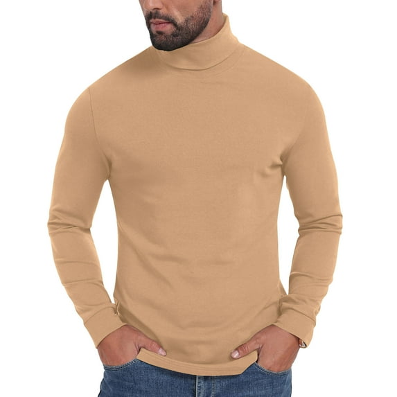 Gpaecead Men's Long Sleeve Mock Neck Shirt - Solid Color Fitted Basic Top Khaki