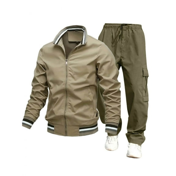Gpaecead Military Jackets Men's Casual Jacket Work Pants Set Fashion Thin Jacket Long Pants Set Brown