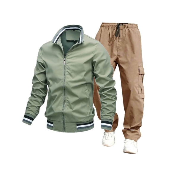 Gpaecead Military Jackets Men's Casual Jacket Work Pants Set Fashion Thin Jacket Long Pants Set Green