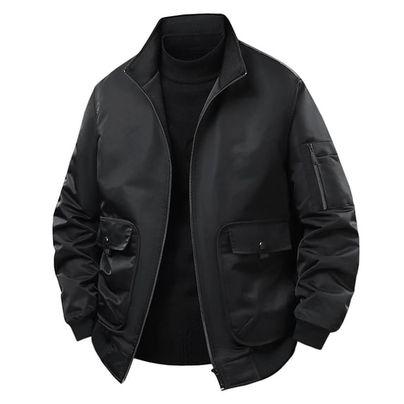 Gpaecead Military Jackets Men's Solid Color Zipper Cardigan Long Sleeved Stand Up Collar Workwear Jacket Top Black