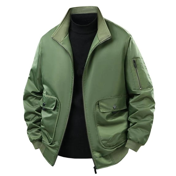 Gpaecead Military Jackets Men's Solid Color Zipper Cardigan Long Sleeved Stand Up Collar Workwear Jacket Top Green