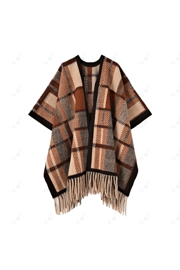 Plus Size Faux Mink Knit Cape - Plaid Pattern Long Sleeve Shawl With Qipao Style Fringe Coffee