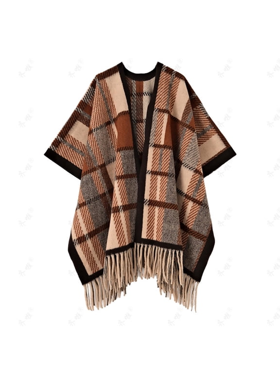 Plus Size Faux Mink Knit Cape - Plaid Pattern Long Sleeve Shawl With Qipao Style Fringe Coffee