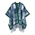 thumbnail image 1 of Gpaecead Plus Size Faux Mink Knit Cape - Plaid Pattern Long Sleeve Shawl With Qipao Style Fringe Green, 1 of 3