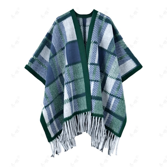 Gpaecead Plus Size Faux Mink Knit Cape - Plaid Pattern Long Sleeve Shawl With Qipao Style Fringe Green
