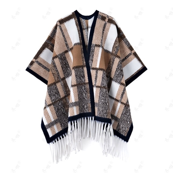 Gpaecead Plus Size Faux Mink Knit Cape - Plaid Pattern Long Sleeve Shawl With Qipao Style Fringe Khaki
