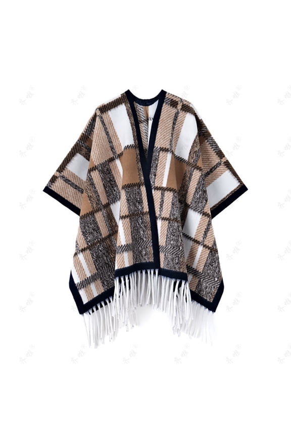 Plus Size Faux Mink Knit Cape - Plaid Pattern Long Sleeve Shawl With Qipao Style Fringe Khaki