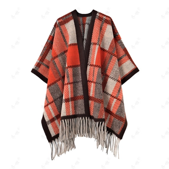 Gpaecead Plus Size Faux Mink Knit Cape - Plaid Pattern Long Sleeve Shawl With Qipao Style Fringe Red