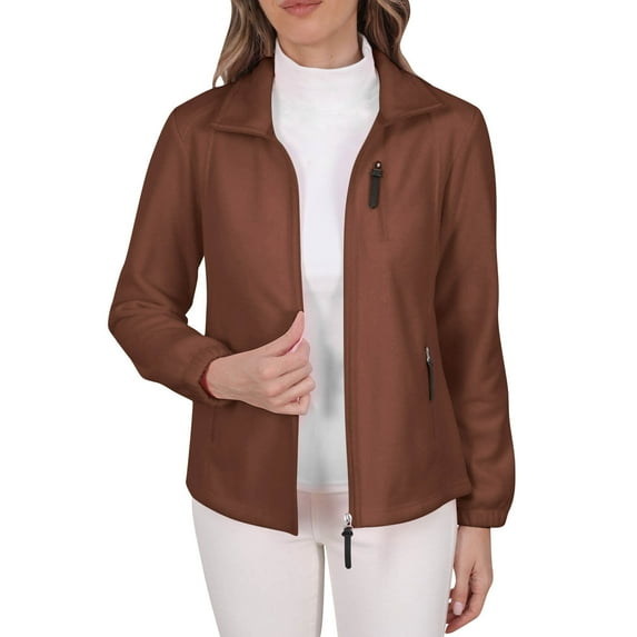 Gpaecead Polar Fleece Coat Ladies' Casual Colored Full Zip Multi Pocket Long Sleeved Fleece Jacket Brown