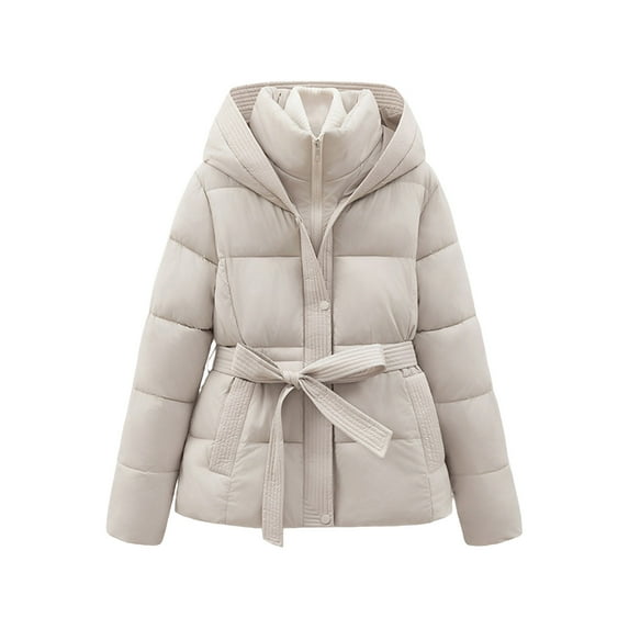 Gpaecead Quilted Jackets Women's Casual Winter Short Waist Thickened Hooded Lace Up Warm Jacket Beige