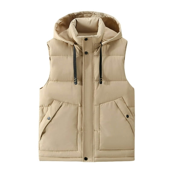 Gpaecead Quilted Puffer Vest Men's Solid Color Sleeveless Detachable Hooded Zipper Cardigan Warm Puffer Jacket Beige
