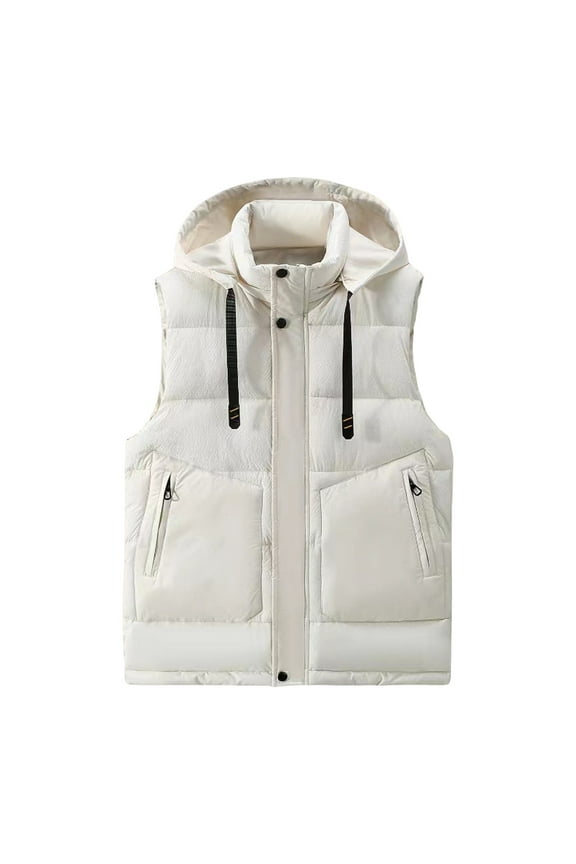 Quilted Puffer Vest Men's Solid Color Sleeveless Detachable Hooded Zipper Cardigan Warm Puffer Jacket White