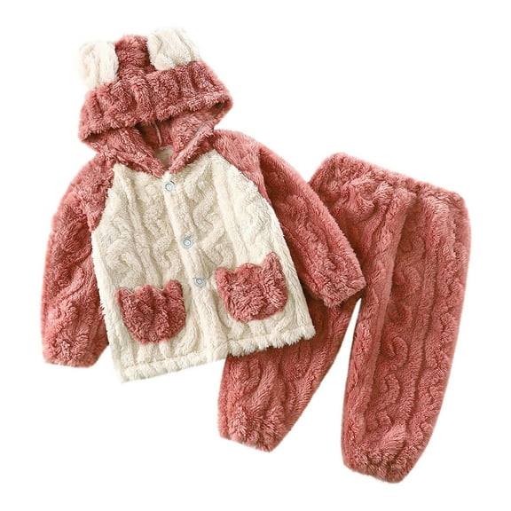 Gpaecead Toddler Baby Cute Outerwear Warm Outfits Flannel Home Sleepwear Set For Boys And Girls Pink
