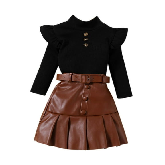 Gpaecead Toddler Baby Girl Skirts Outfit Kids Ribbed Knit Tops Pleated Leather Mini Skirt With Belt 3Pcs Spring Fall Clothes Black