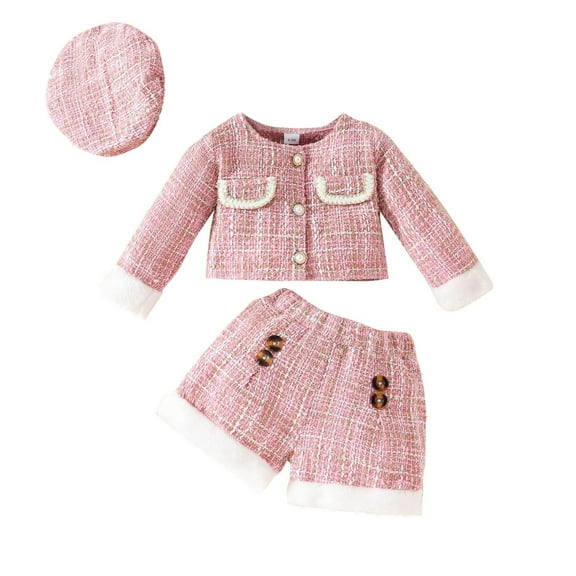 Gpaecead Toddler Baby Girls Fall Outfits Long Sleeve Coat  Shorts   Hats Three Piece Set Fall Winter Clothes Set Pink