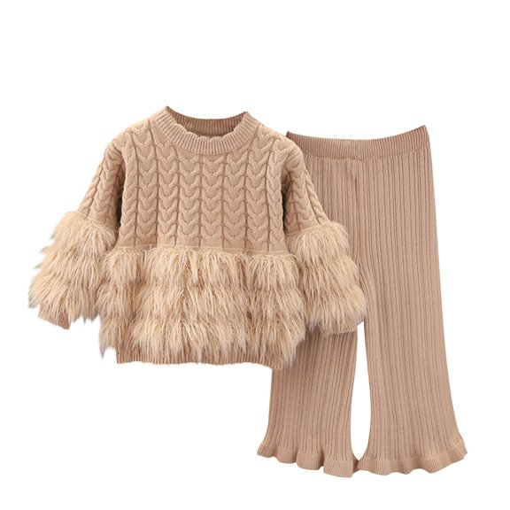 Gpaecead Toddler Baby Girls Fall Outfits Long Sleeve Knitted Sweater Feather Trim Tops Wide Leg Pants Set Winter Clothes Set Khaki