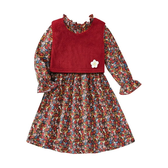 Gpaecead Toddler Baby Girls Fall Winter Dress Fashion Cute Flower Print Waistcoat Long Sleeve Floral Dress Set Red