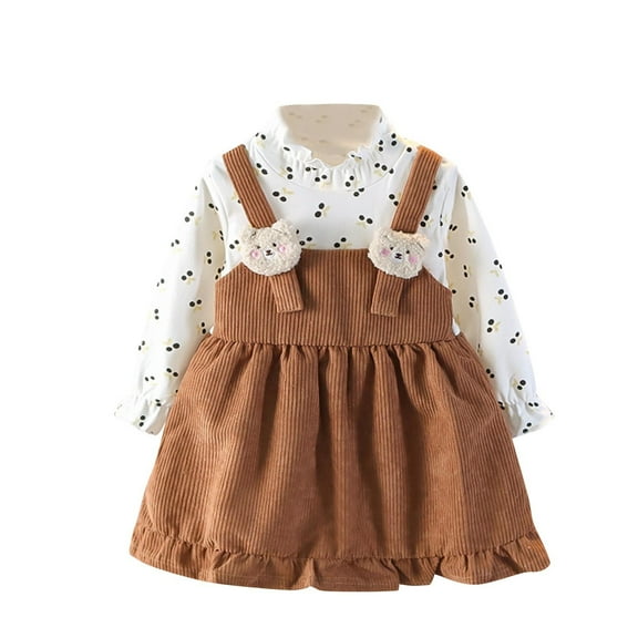 Gpaecead Toddler Girl Fall Winter Corduroy Outfit Long Sleeve Tops + Suspender Dress 2Pcs Clothes Set Coffee