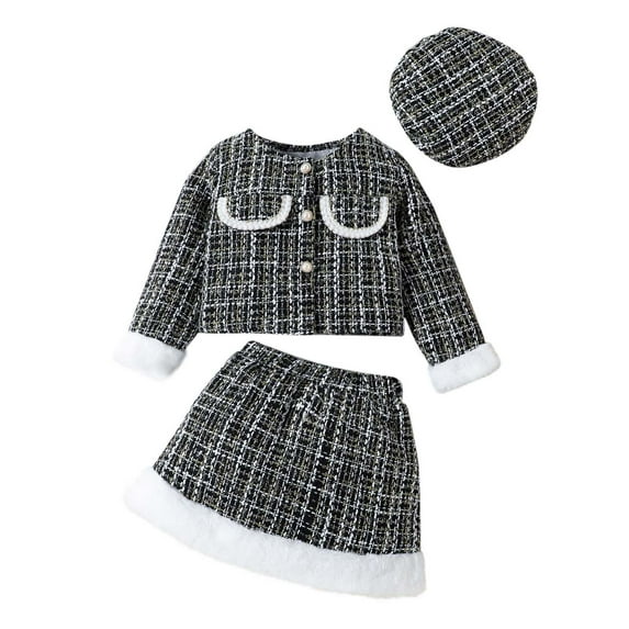 Gpaecead Toddler Girl's 3 Piece Outfits Plaid Tweed Long Sleeve Jacket And Ruffle Mini Skirt With Hat Set Black