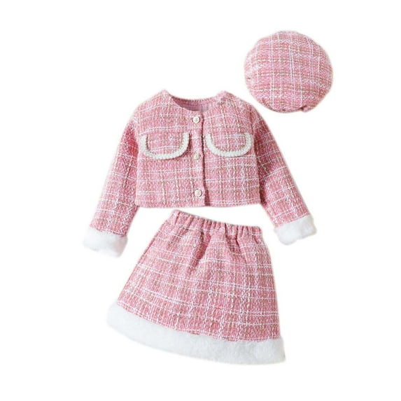 Gpaecead Toddler Girl's 3 Piece Outfits Plaid Tweed Long Sleeve Jacket And Ruffle Mini Skirt With Hat Set Pink