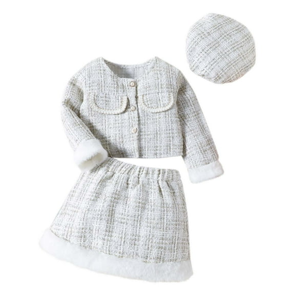 Gpaecead Toddler Girl's 3 Piece Outfits Plaid Tweed Long Sleeve Jacket And Ruffle Mini Skirt With Hat Set White
