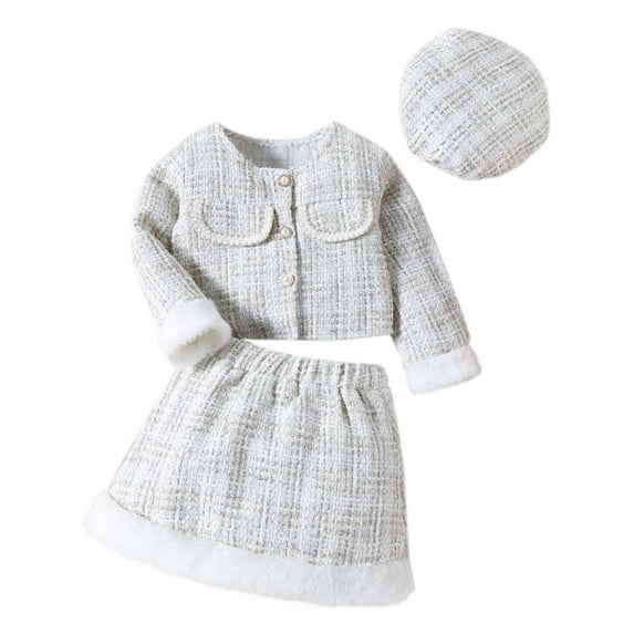 Gpaecead Toddler Girl's 3 Piece Outfits Plaid Tweed Long Sleeve Jacket And Ruffle Mini Skirt With Hat Set White