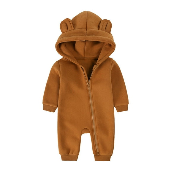 Gpaecead Toddler Kids Boys And Girls Snowsuit Fleece Lined Onesie Outfits Solid Color Cute Long Sleeve Hooded Romper Jumpsuits Brown