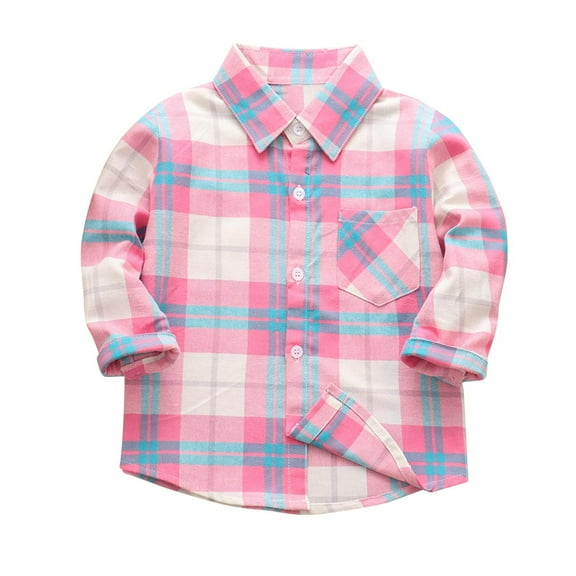 Gpaecead Toddler Kids Boys Girls Long Sleeve Collared Plaid Shirt Jacket Lapel Button Down Pocketed Shirts Casual Fall Coat Pink