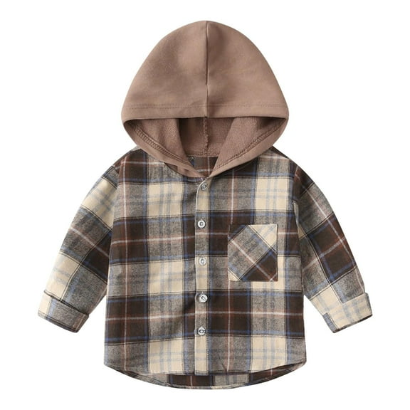 Gpaecead Toddler Kids Hooded Shirt Jacket Plaid Long Sleeve Lapel Button Down Shacket Baby Fall Christmas Coat Coffee