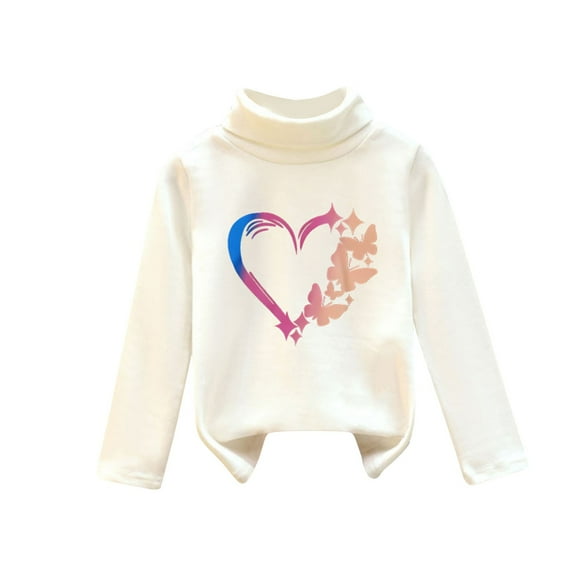 Gpaecead Toddlers Girls Thermal Tops Fleece Lined Thick Printed Turtleneck Fleece Baselayer Shirts 3-9 Years White