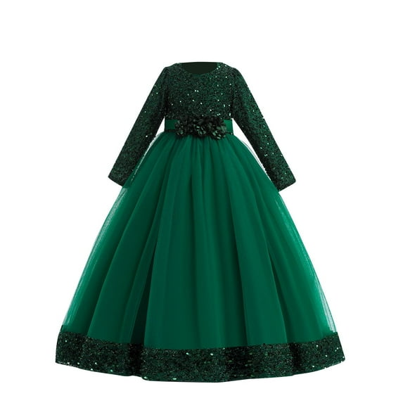 Gpaecead Trendy Girls' Christmas Solid Color Sequin Mesh Dress Long Sleeve Princess Dress Green