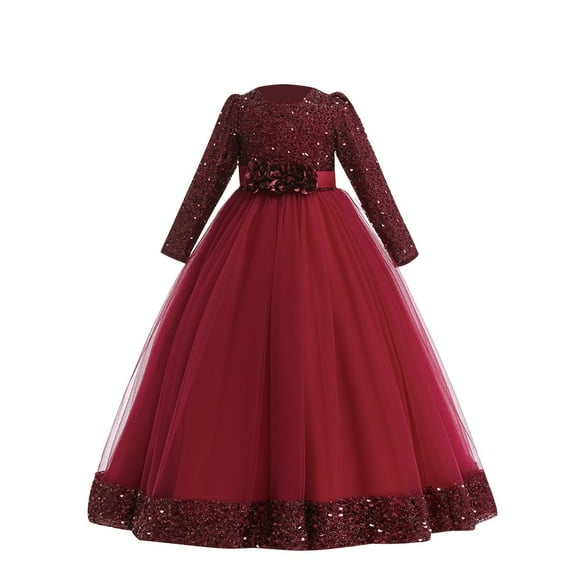 Gpaecead Trendy Girls' Christmas Solid Color Sequin Mesh Dress Long Sleeve Princess Dress Red