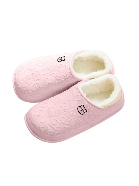 Unisex Bear Print Platform Slippers Waterproof Fleece Lined Non Slip Winter House Shoes for Indoor Outdoor Cozy Comfort B-Pink