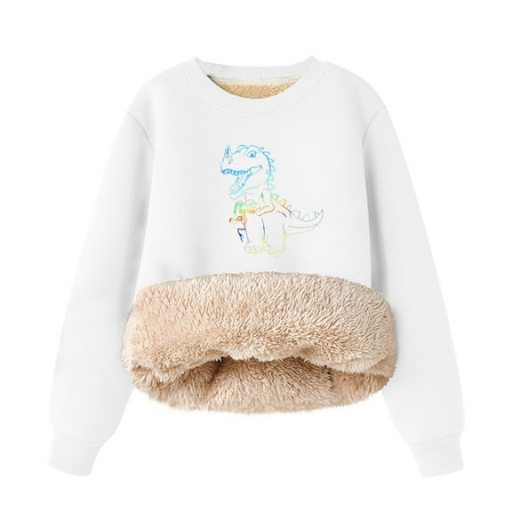 Gpaecead Unisex Boys Girls Winter Dinosaur Sweatshirt Warm Sherpa Lined Crewneck Pullover Tops Fleece Casual Fall Sweatshirts White