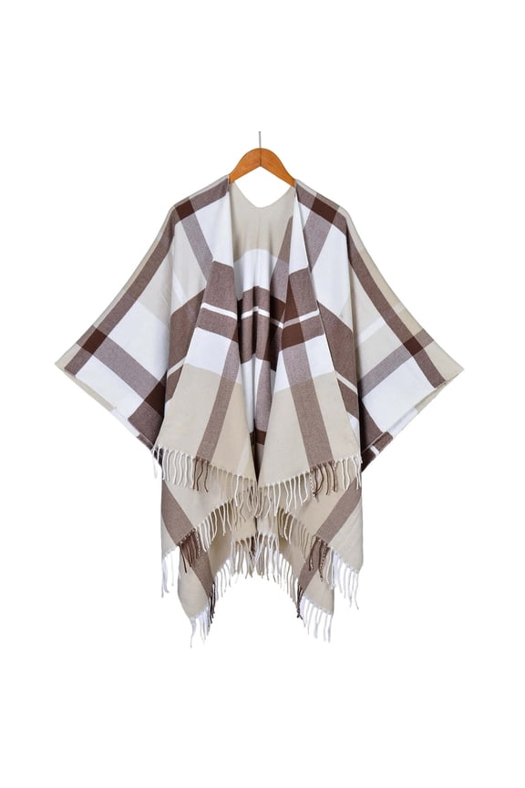 Unisex Scottish Plaid Cape - Classic Fringe Detail Oversized Shawl With Side Vents Khaki