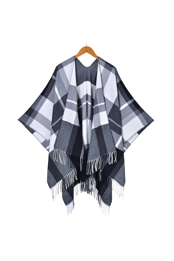 Unisex Scottish Plaid Cape - Classic Fringe Detail Oversized Shawl With Side Vents White