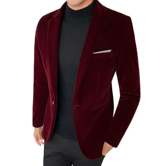 Gpaecead Velvet Blazer Men's Fashion Casual Top Solid Color Dress Suit Jacket Red