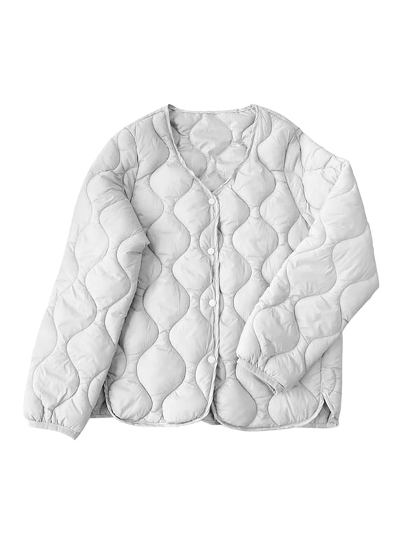 Winter Quilted Jackets For Women Casual Thin Short Inner Wear Warm Clothing Lightweight Round Neck Jacket White