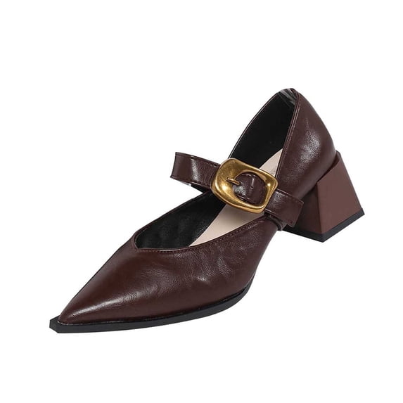 Gpaecead Women Block Heel Mary Jane Shoes Pointed Toe Faux Leather Adjustable Buckle Strap Spring Fall Versatile Casual Shoes, Brown
