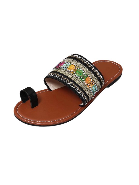 Women Bohemian Embroidered Toe Ring Flat Sandals Comfortable Cushioning Slip On Beach Plus Size Shoes Casual Vacation Summer Outdoor,Black