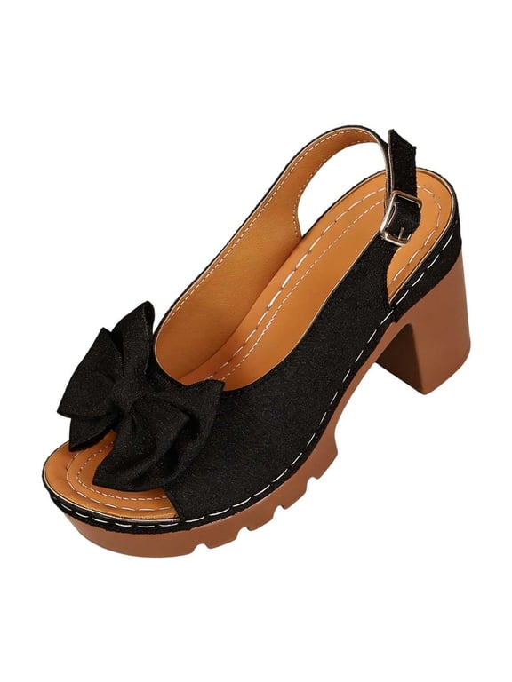 Women Bow Chunky Heel Slingback Sandals Open Toe Thick Sole Adjustable Shoes Spring Summer Height Sweet Party,Black