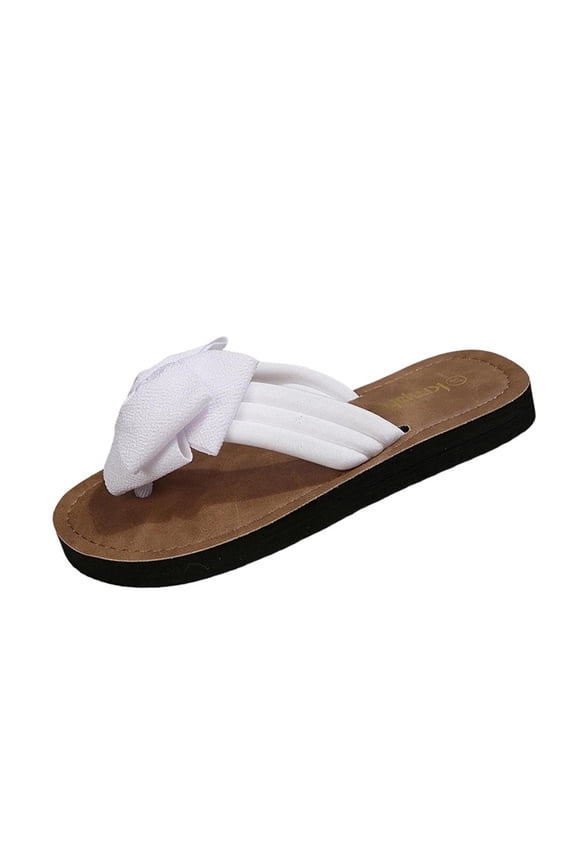 Women Bow Thick Sole Flip Flops 3D Large Bow Faux Cork Cushioned Outsole Plus Size Spring Summer Sweet Shoes,White