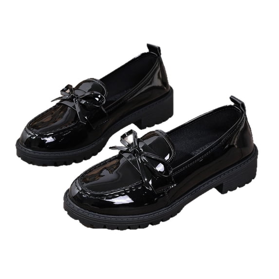 Gpaecead Women Bow Thick Sole Loafers Patent Leather Non Slip Heightening Spring Summer Versatile Slip On Shoes, Black