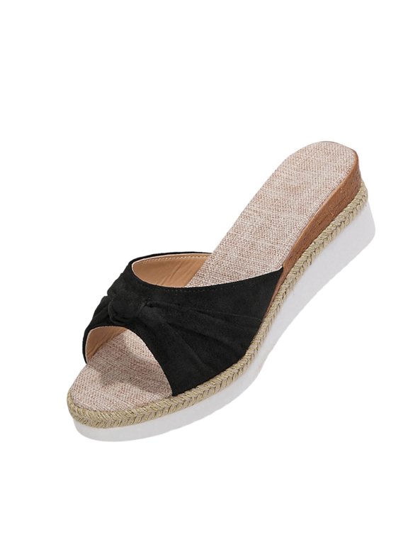 Women Bow Wedge Slides Sandals Open Toe Flock Upper Thick Sole One Strap Jute Wrapped Spring Summer Sweet Shoes,Black