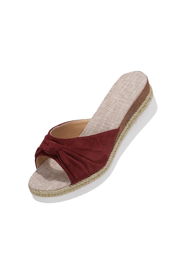 Women Bow Wedge Slides Sandals Open Toe Flock Upper Thick Sole One Strap Jute Wrapped Spring Summer Sweet Shoes,Burgundy