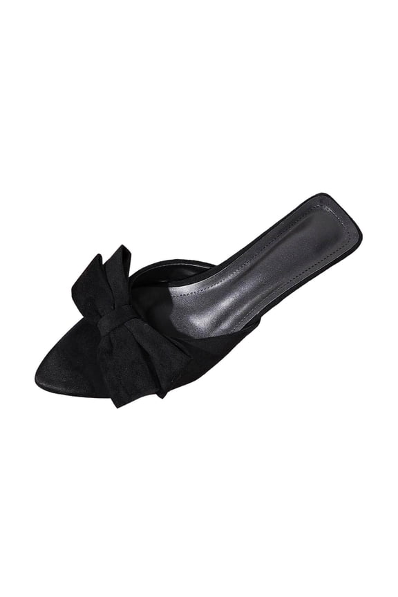 Women Bowknot Pointed Toe Low Heel Mules Backless Slip-On Elegant Vintage Spring Summer Versatile Shoes,Black