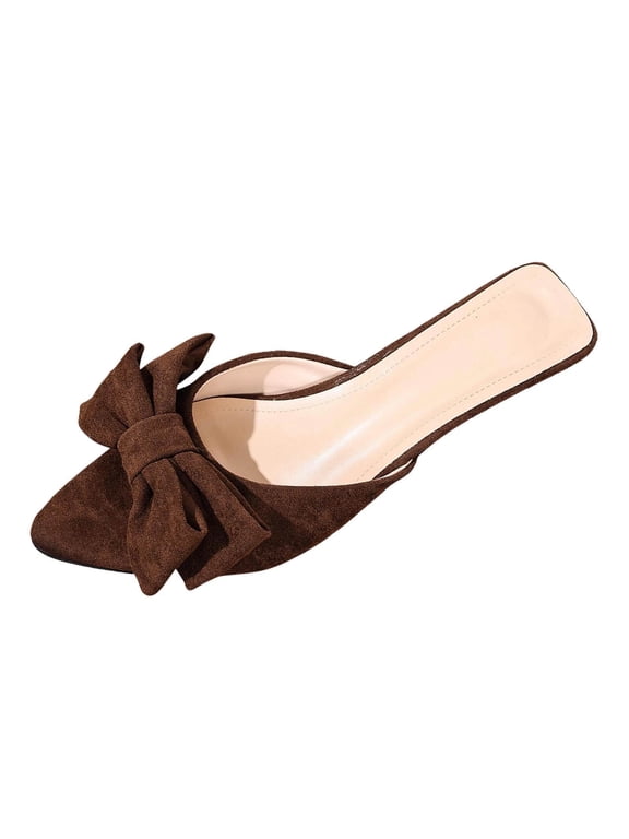 Women Bowknot Pointed Toe Low Heel Mules Backless Slip-On Elegant Vintage Spring Summer Versatile Shoes,Brown